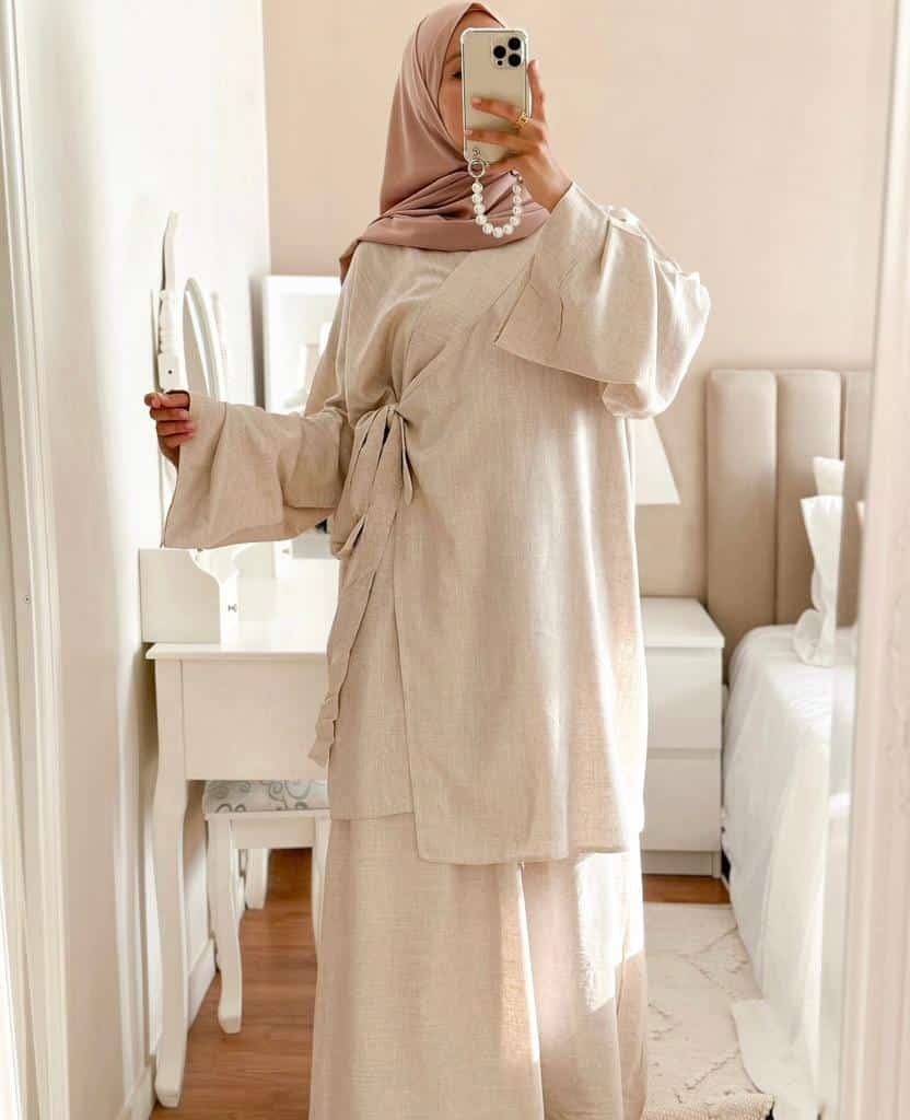 Ensemble Kimono jupe en lin naturel - beige clair