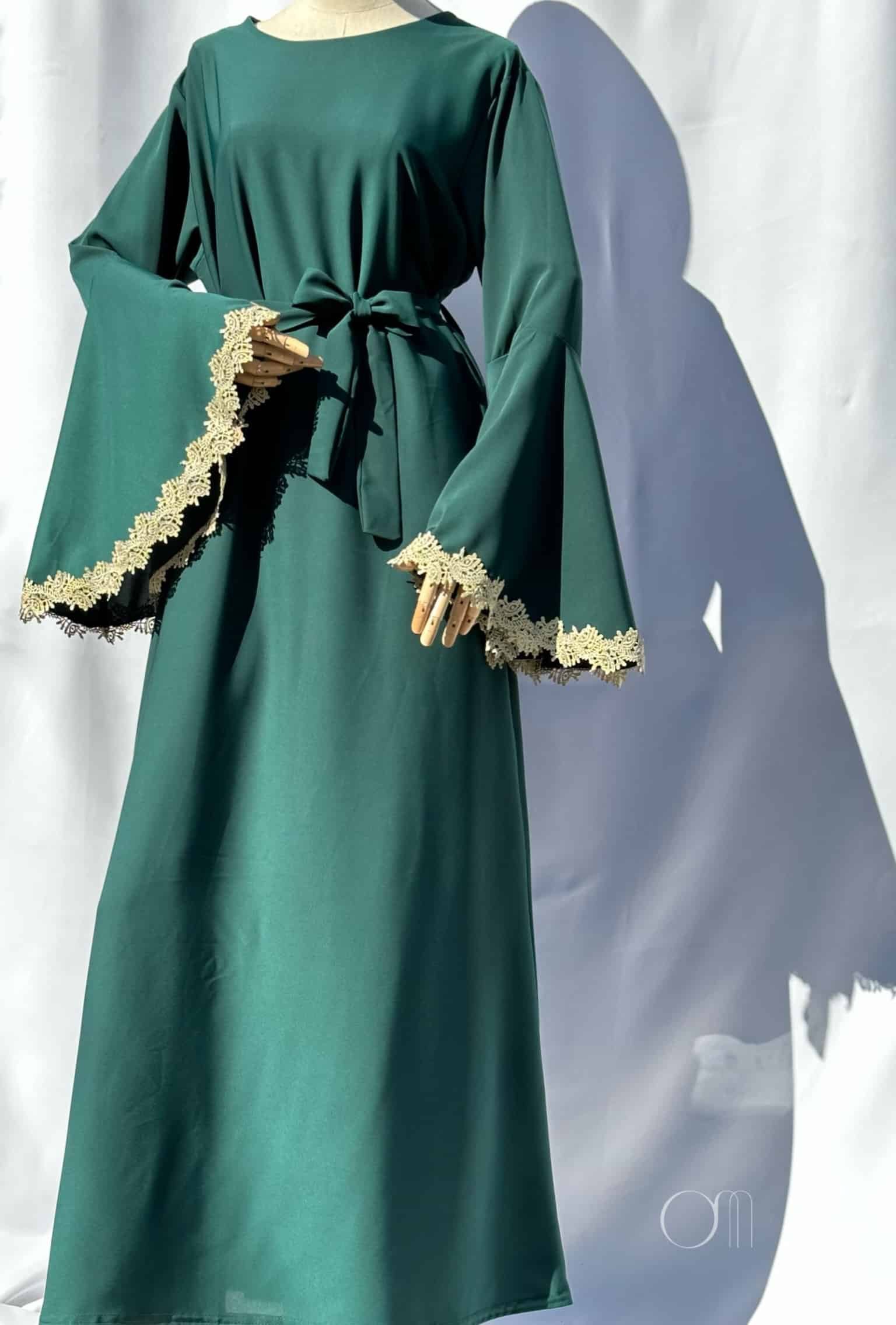 Abaya femme Aid manches évasées dentelle - VERT