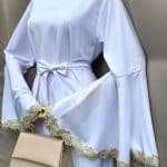 Abaya Femme Aid manches évasées dentelles - BLANC